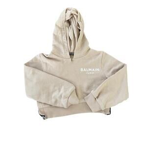Balmain Girls' Tan 100% Cotton Logo Front Long Sleeves Cropped Hoodie Size 6